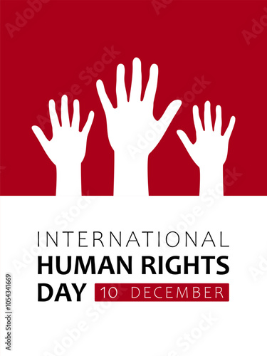 Text International Human Rights Day, 10 december and people hands on red background. Vector design for poster, card or banner for International Human Rights Day.