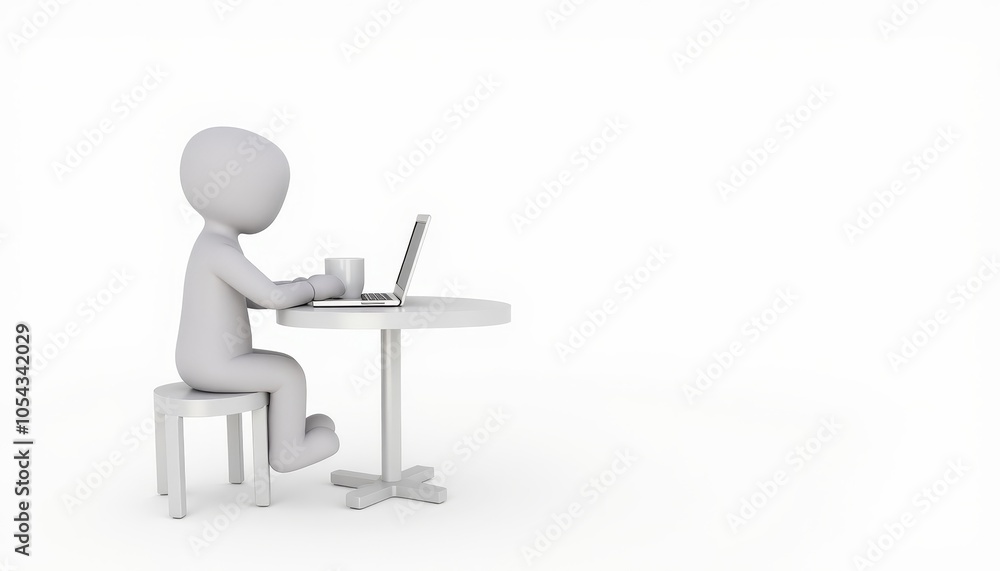 3D minimalist stick figure in coffee shop setting, remote working with coffee, ideal for remote work visuals with copy space 3D minimalist stick figure in coffee shop setting, remote working with coffee, ideal for remote work visuals with copy space