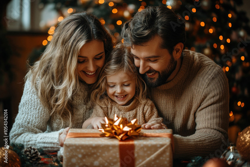 Happy family opening Christmas gift with joy at home