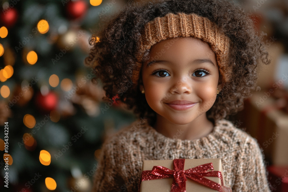 Smiling little girl holding Christmas gift in cozy holiday setting Smiling little girl holding Christmas gift in cozy holiday setting