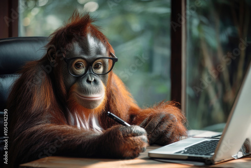 An endearing orangutan with glasses sits at a desk, seemingly engaged in work on a laptop. The scene combines curiosity and humor with a touch of professionalism. photo