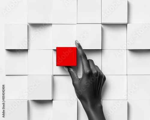 A hand reaches for a distinct red block among uniform white blocks on a minimalist background, symbolizing bold decision-making and standing out from the crowd. photo