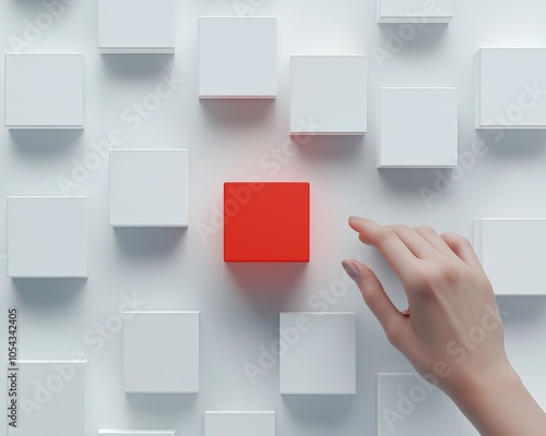 A hand reaches for a distinct red block among uniform white blocks on a minimalist background, symbolizing bold decision-making and standing out from the crowd. photo