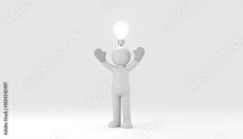 3D stick figure character conveying a new idea with a glowing light bulb, minimalist and white, ideal for inspirational quotes and business concepts, with copy space