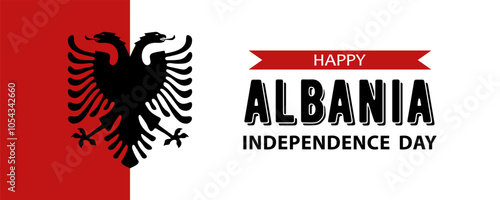 Text Happy Albania Independence Day and black double-headed eagle as Albanian symbol, vector web banner design.