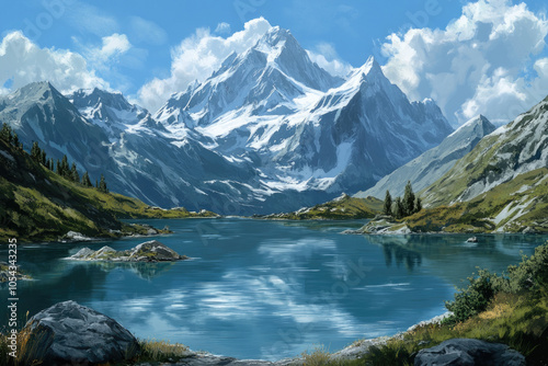 A picturesque view of a tranquil lake reflecting a majestic snow-capped mountain under a blue sky, surrounded by lush greenery and rocky terrain.