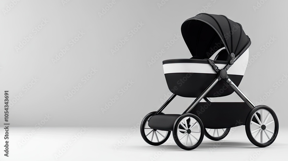 Stylish black and white baby stroller on a gray background with ample space for customization or branding in a contemporary setting Stylish black and white baby stroller on a gray background with ample space for customization or branding in a contemporary setting