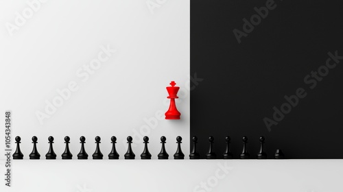 A modern minimalist scene of a red chess king breaking free from black pawns, showcasing leadership and independent thought. photo