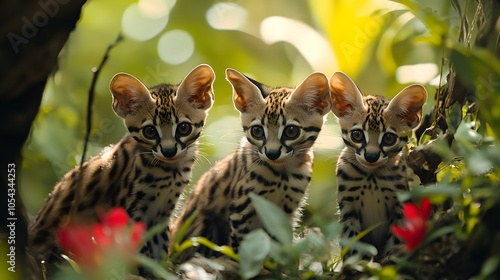 Captivating Interactions of Common Genets in a Vibrant Natural Environment photo