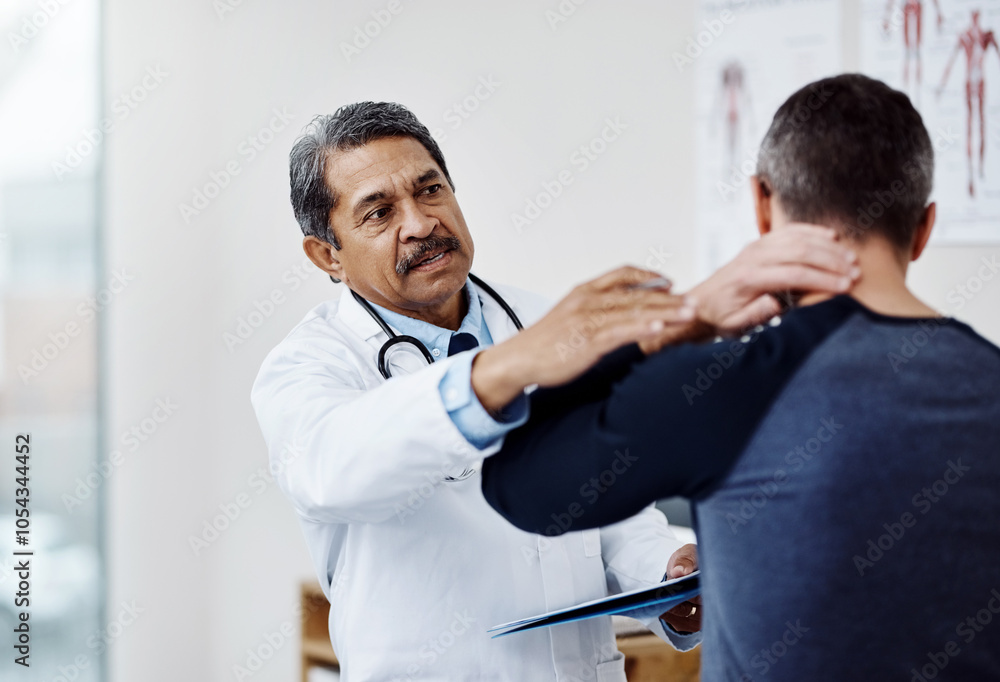 Man, doctor and patient with neck pain for injury, consultation or checkup at hospital. Male person, medical professional and client with sore spine, spasm or ache for muscle tension at health clinic Man, doctor and patient with neck pain for injury, consultation or checkup at hospital. Male person, medical professional and client with sore spine, spasm or ache for muscle tension at health clinic
