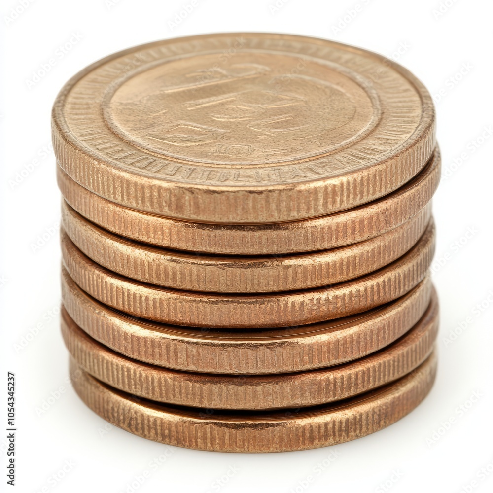 A stack of copper coins arranged neatly on a white background. A stack of copper coins arranged neatly on a white background.