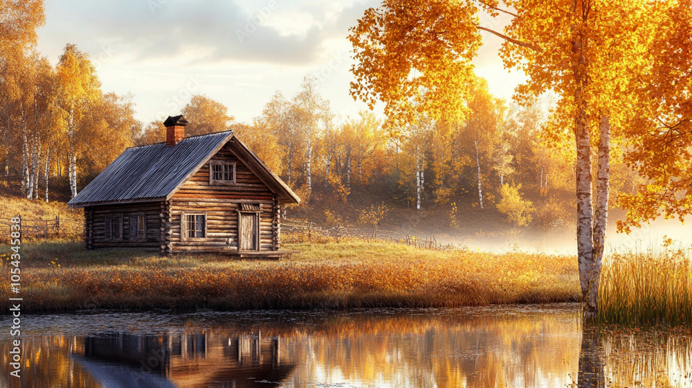 Fototapeta premium Wooden hunting house and pond in autumn in light colors. Real view