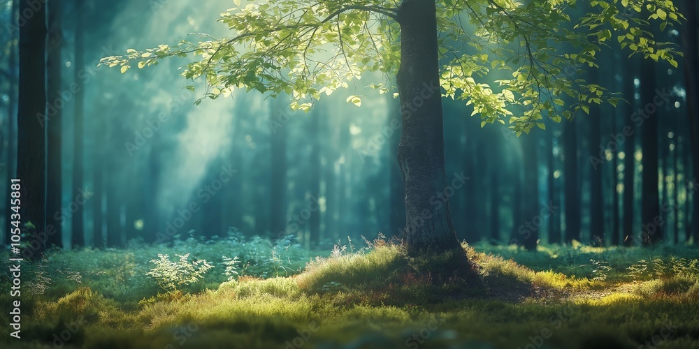 Fototapeta premium A tranquil forest scene with a solitary tree, bathed in morning sunlight, illustrates nature's peaceful serenity.