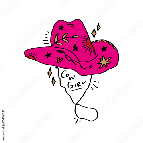 Boho pink cowgirl patterned hat, funky groovy hippie cowgirl or cowboy concept clip-art. Vector illustration.