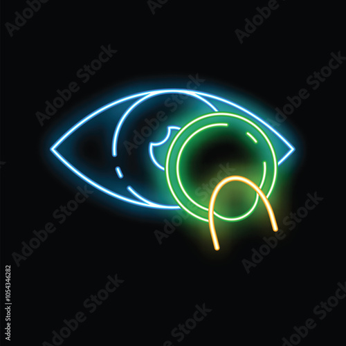 Glowing neon icon of an eye with a contact lens being inserted using an applicator, perfect for healthcare and medical marketing materials