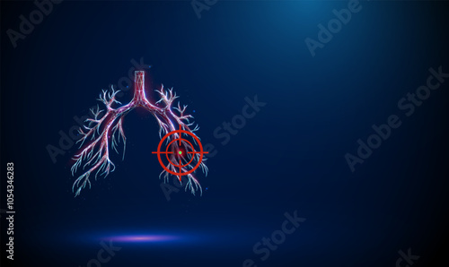 Abstract blue human bronchial tree with red target sign. Lungs, bronchioles, trachea. Healthcare medical concept. Low poly digital futuristic style.