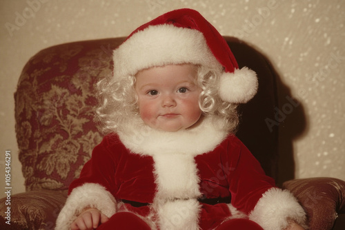 A charming and cheerful baby is dressed as Santa Claus, seated on an ornate chair with a twinkling smile, embodying joy and festive holiday spirit.