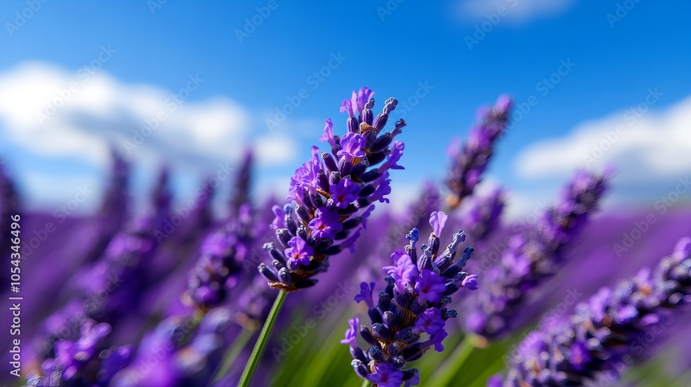 Fototapeta premium Close-up of purple lavender flowers blooming in a field on a sunny day.