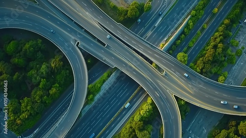An aerial top view of modern transportation infrastructure, showcasing an intricate expressway, road network, and roundabout with multiple levels. 