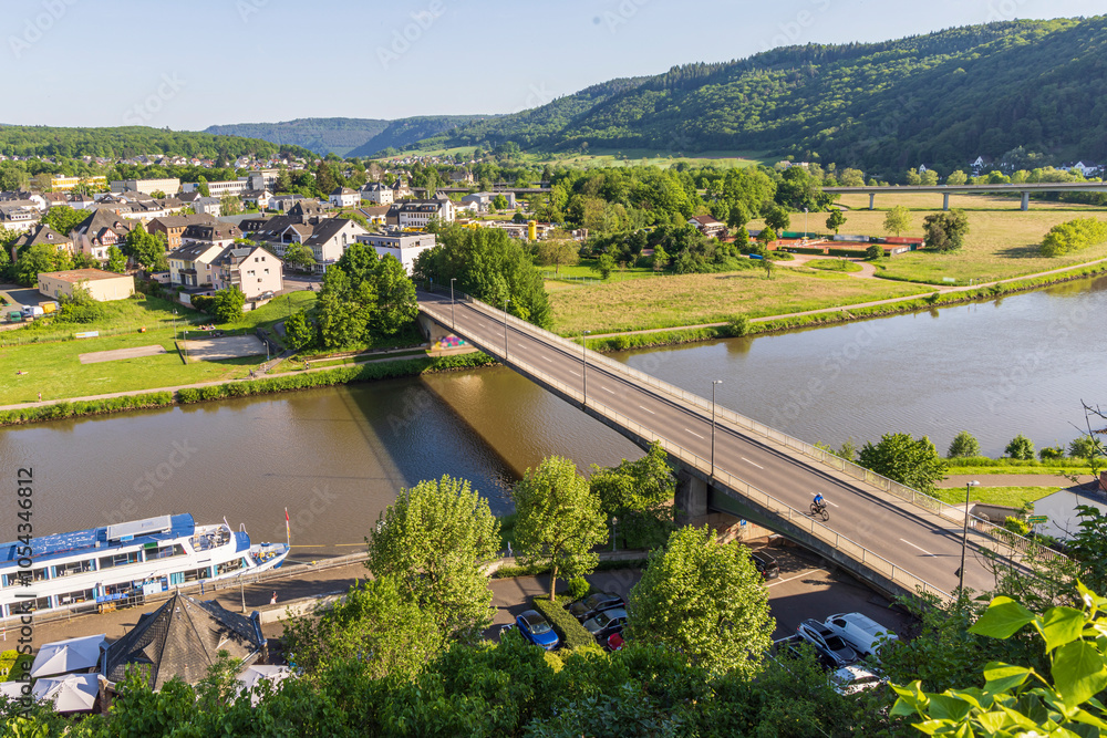 Obraz premium Cityscape of Saarburg along river Saar in the state of Rhineland-Palatinate in Germany