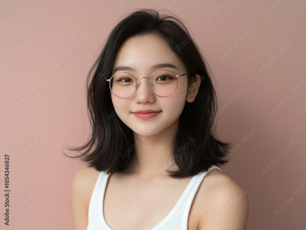 Young woman with glasses smiling in a studio against a pink background Young woman with glasses smiling in a studio against a pink background