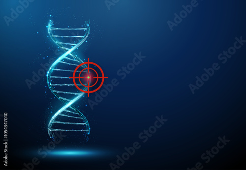 Blue 3d DNA molecule helix with target sign. DNA damage, gene editing, genetic mutation, genetic biotechnology engineering concept. Low poly futuristic style