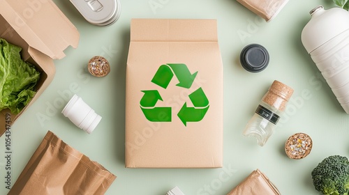 Eco-friendly packaging with a recycling symbol, surrounded by various sustainable food items and containers on a green background.