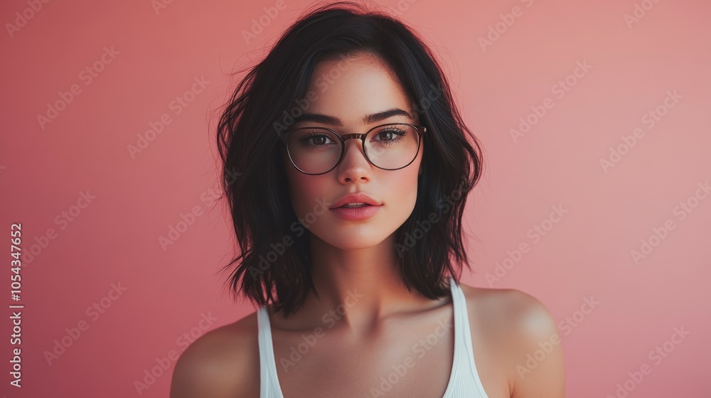 Young woman with glasses poses against a pastel pink backdrop Young woman with glasses poses against a pastel pink backdrop