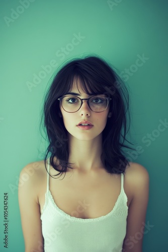 Wallpaper Mural Young woman with glasses poses against a teal wall indoors Torontodigital.ca