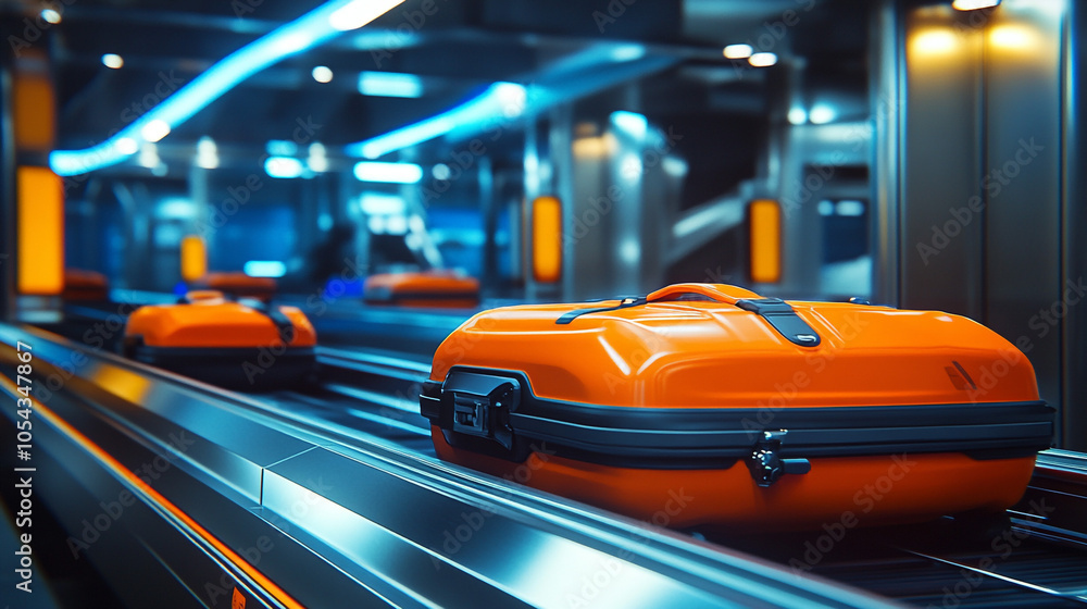 Orange Suitcase On Airport Baggage Claim Conveyor Belt Orange Suitcase On Airport Baggage Claim Conveyor Belt
