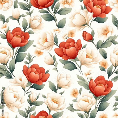 Elegant floral pattern featuring red and cream flowers with lush green leaves, perfect for fabric, wallpaper, or decor designs.