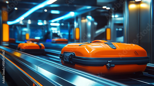 Orange Suitcase On Airport Baggage Claim Conveyor Belt