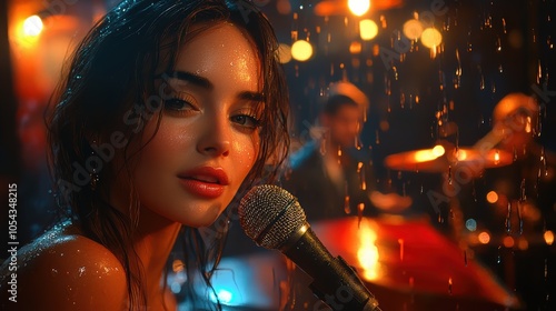 Emotional Female Singer Performing on Stage in Dramatic Rainy Atmosphere with Warm Concert Lighting – Intimate Live Music Performance Concept Art photo