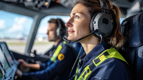 Focused female pilot in cockpit wearing headset and navigating controls, embodying professionalism and teamwork in aviation.