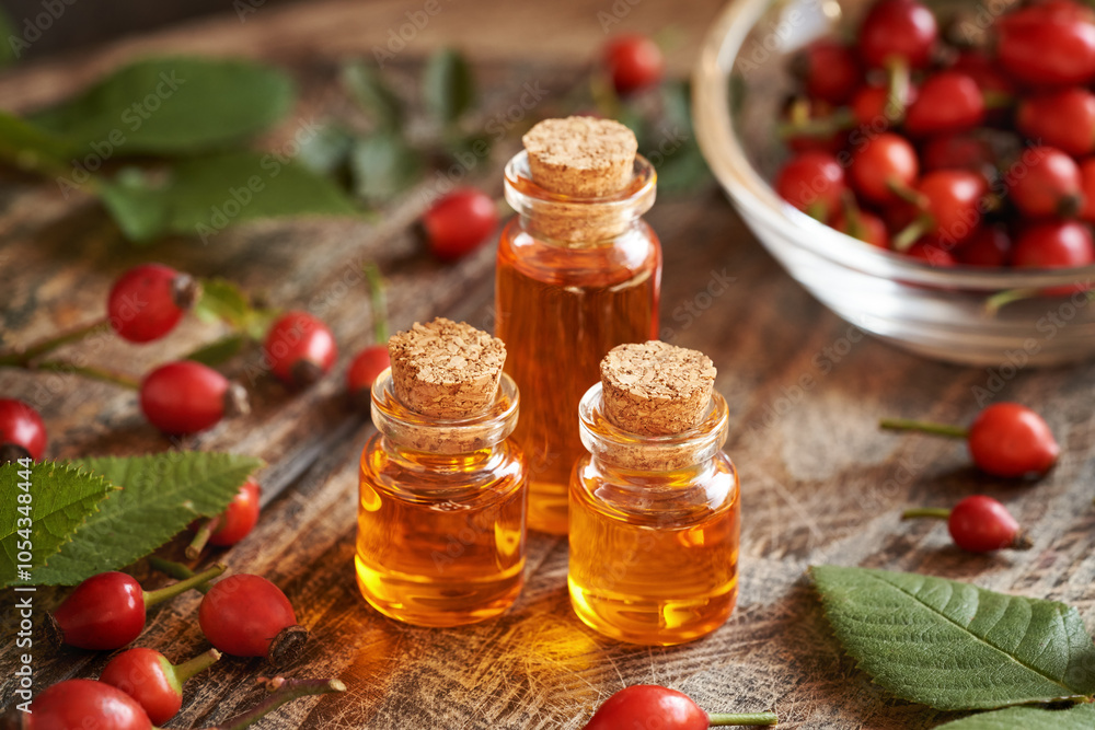 Three bottles of rose hip seed oil with fresh rosehips Three bottles of rose hip seed oil with fresh rosehips