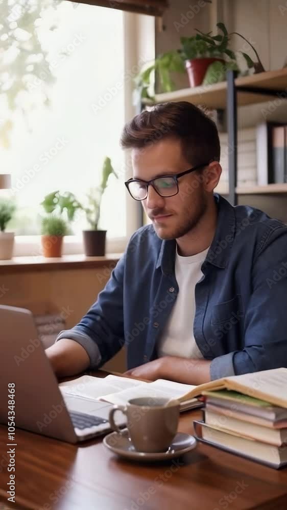 Young man working on a laptop with books and coffee in cozy home office Young man working on a laptop with books and coffee in cozy home office