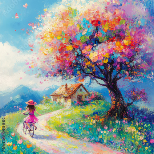Wall painting with a flowering tree, the house and the girl on the bicycle