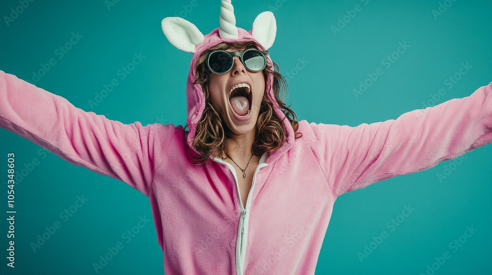Happy Woman in Unicorn Onesie with Open Arms and Sunglasses Happy Woman in Unicorn Onesie with Open Arms and Sunglasses