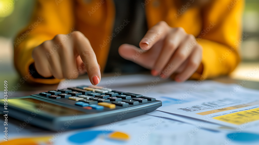 A woman is using a calculator to add numbers A woman is using a calculator to add numbers