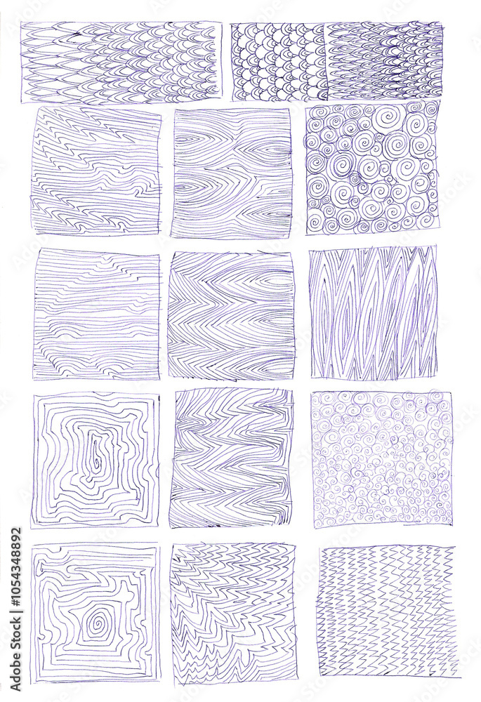 Obraz premium Expressive Linear drawing doodle graphic clip art waves strokes wood texture spikes abstract pattern sketch brush marks square rectangle with abstract texture hand-drawn pen art Trendy monochrome ink