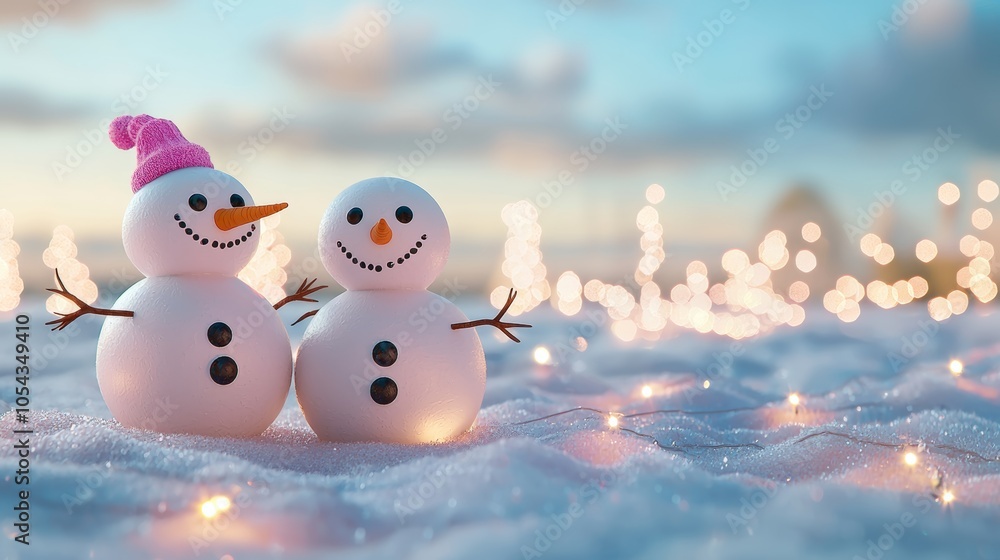 Obraz premium Two happy snowmen in a snowy field with holiday lights and bokeh effect, warm Christmas mood