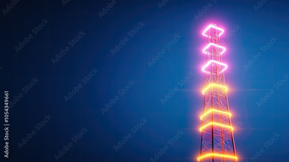 Obraz premium Illuminated radio tower glowing with vibrant pink and orange lights against a dark blue background, showcasing modern technology.
