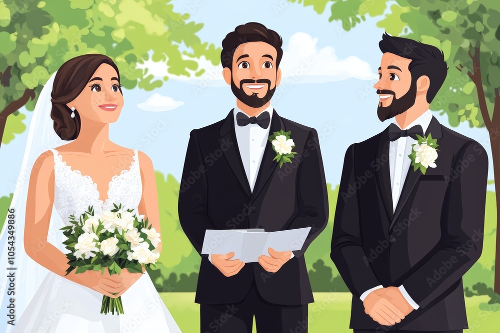 Elegant wedding illustration of a bride and groom standing at the altar with a groomsman in formal attire officiating surrounded by greenery and a bright blue sky Elegant wedding illustration of a bride and groom standing at the altar with a groomsman in formal attire officiating surrounded by greenery and a bright blue sky