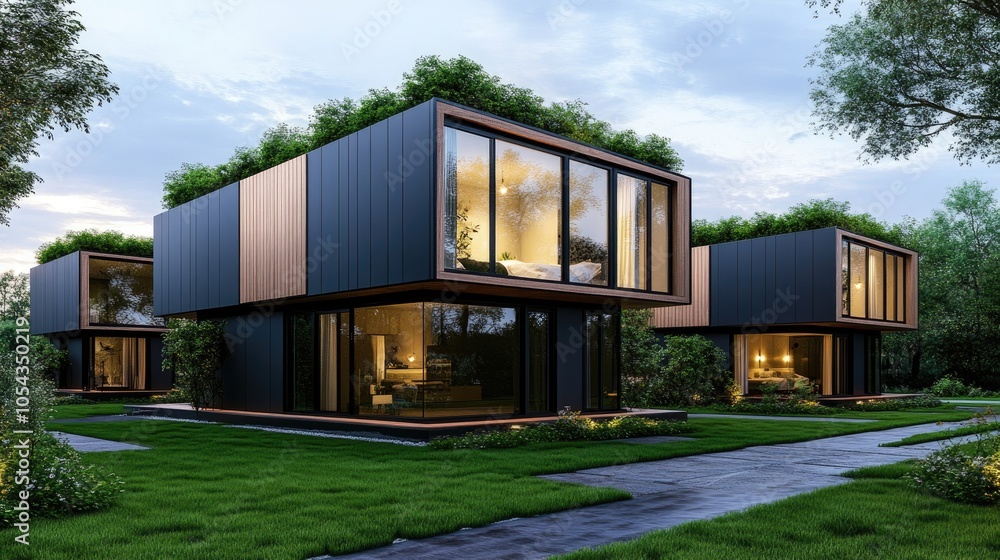 Modern eco-friendly house design featuring large windows and lush greenery surrounding the structure in a serene environment. Modern eco-friendly house design featuring large windows and lush greenery surrounding the structure in a serene environment.