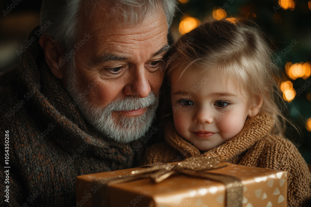 Happy grandfather and granddaughter enjoying a gift during Christmas Happy grandfather and granddaughter enjoying a gift during Christmas