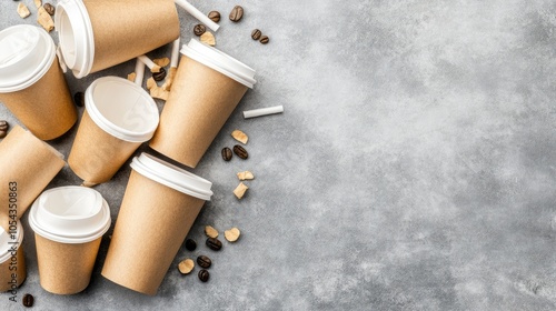 Wallpaper Mural Various brown paper coffee cups and plastic straws are gathered together for recycling on a flat gray surface Torontodigital.ca