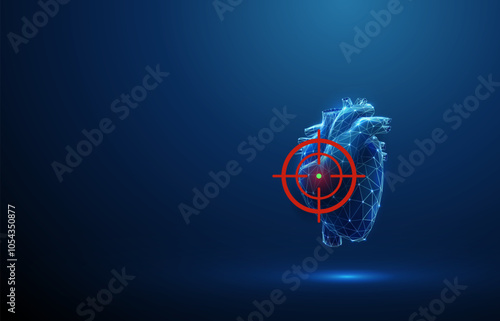 Abstract blue human heart with red target sign. Healthcare medical concept. Low poly digital futuristic style