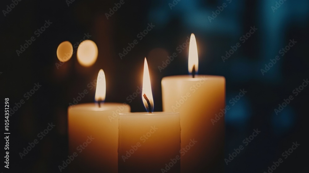 Three white candles are lit with a soft glow in the dark. The flames flicker and cast a warm, inviting light. Three white candles are lit with a soft glow in the dark. The flames flicker and cast a warm, inviting light.