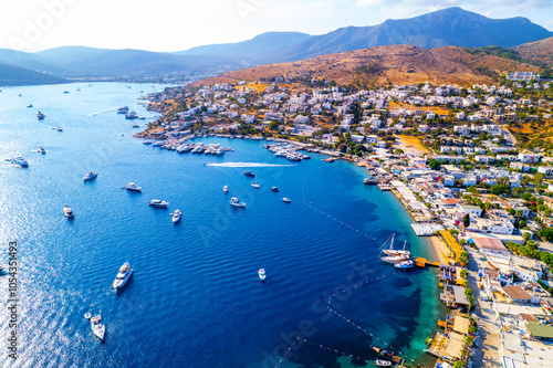 Fototapeta Naklejka Na Ścianę i Meble -  Turkbuku Bay of Bodrum. Mugla, Turkey. Aerial panoramic view of Turkbuku (Golturkbuku). Drone shot.