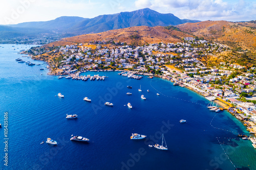 Fototapeta Naklejka Na Ścianę i Meble -  Turkbuku Bay of Bodrum. Mugla, Turkey. Aerial panoramic view of Turkbuku (Golturkbuku). Drone shot.